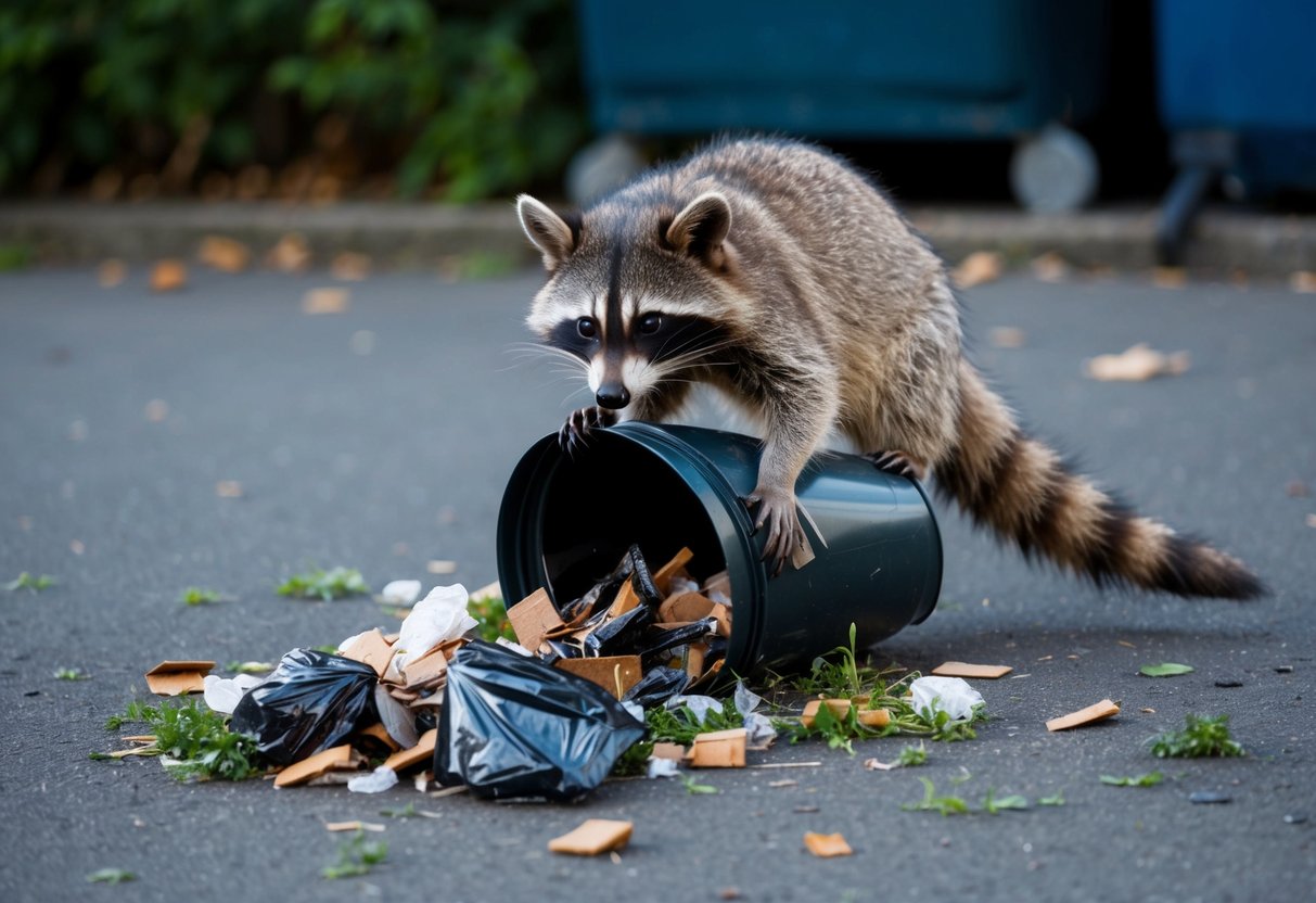 A raccoon rummages through a tipped-over trash can, scattering debris across the ground. The animal's sharp claws and dexterous paws make quick work of the mess