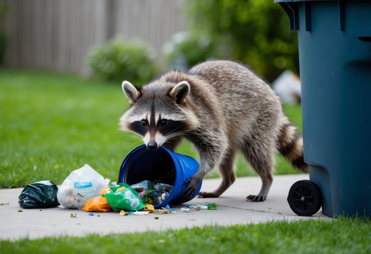 A raccoon rummages through a trash can, scattering garbage across a suburban backyard. The animal's destructive behavior raises concerns about health and sanitation