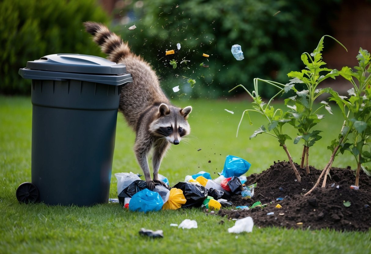A raccoon knocking over a trash can, scattering garbage everywhere. Nearby, a torn-up garden with plants uprooted and soil disturbed