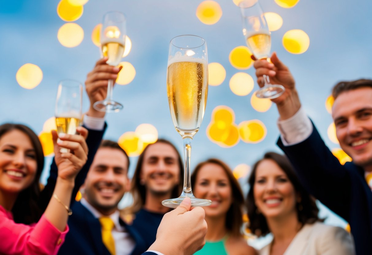 A champagne glass raised in the air, surrounded by smiling faces