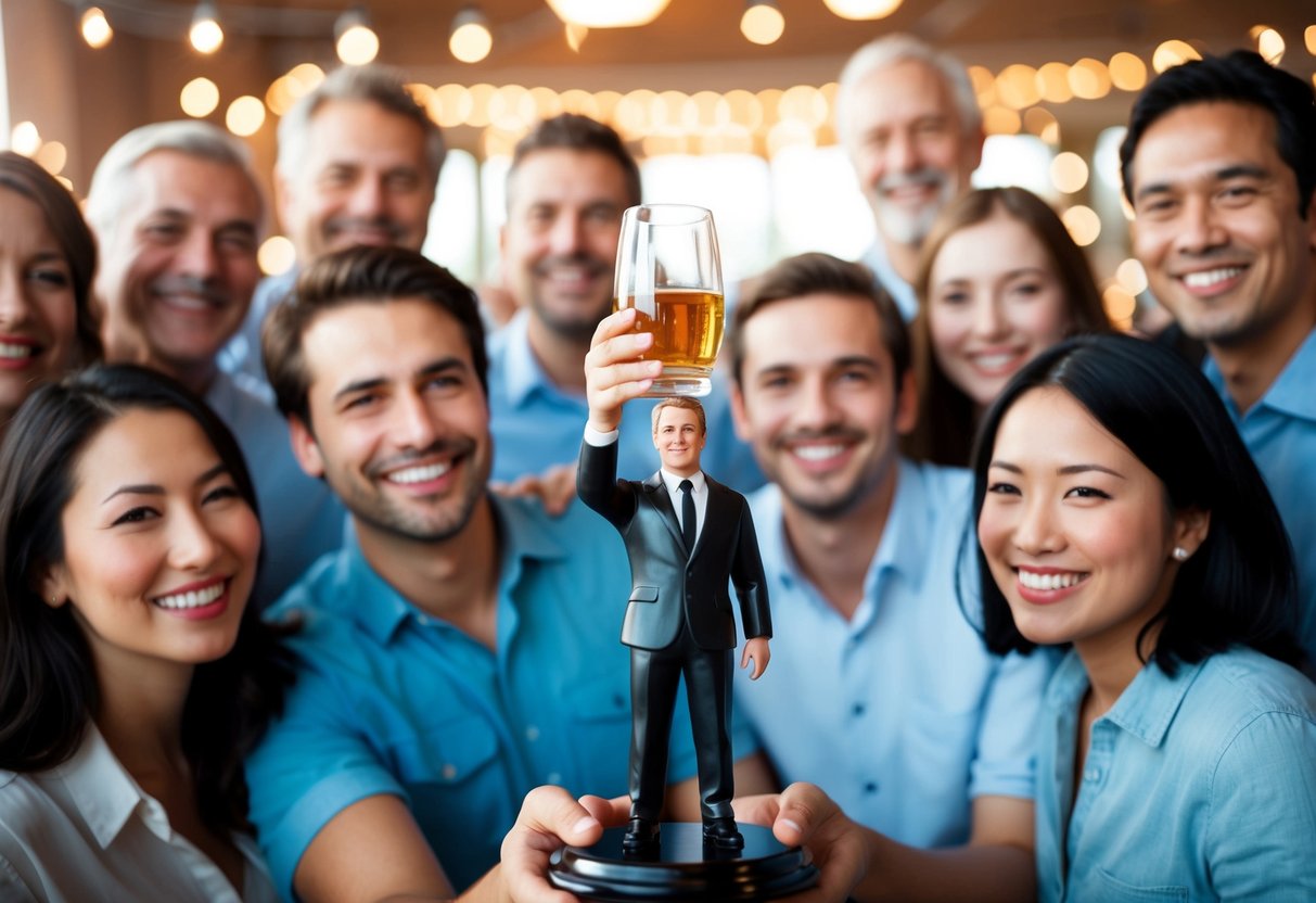 A figure standing with a raised glass, surrounded by smiling faces