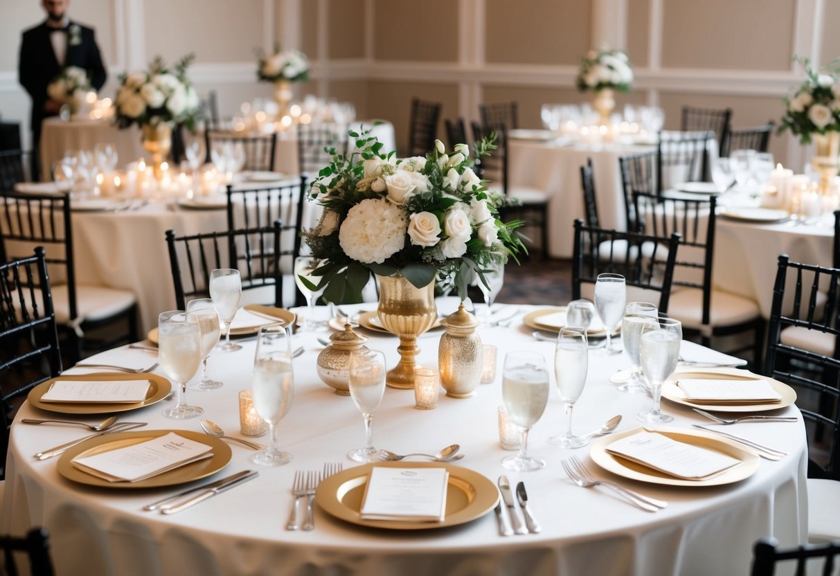 A beautifully decorated table with elegant centerpieces and place settings, surrounded by chairs, awaits the guests at a wedding
