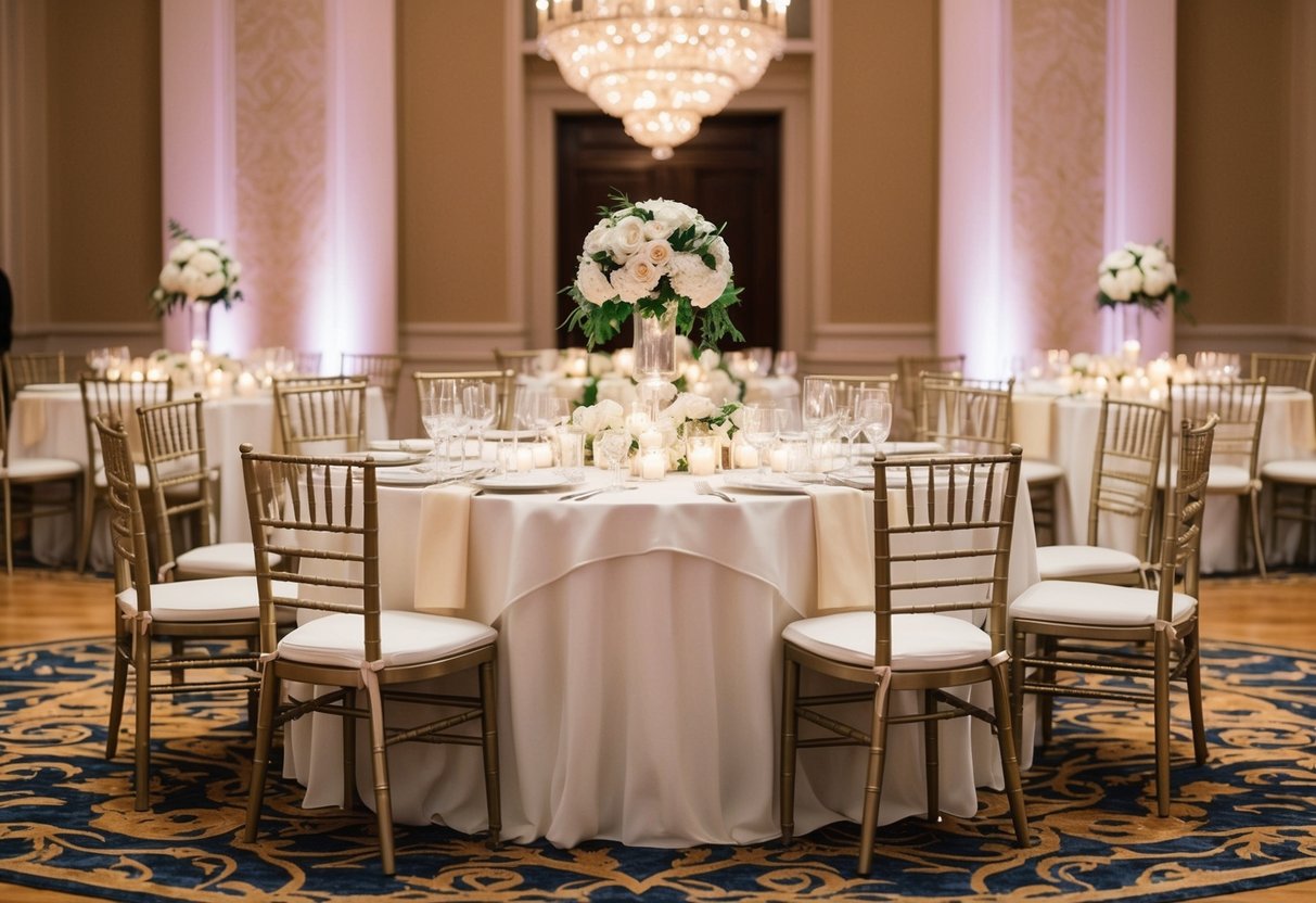 A grand, ornate table adorned with elegant decorations, positioned prominently at the center of the reception hall, commanding attention and respect