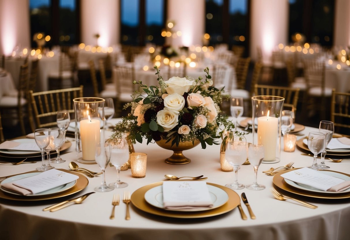 A beautifully decorated top table at a wedding, with elegant place settings, floral centerpieces, and soft candlelight creating a warm and inviting atmosphere