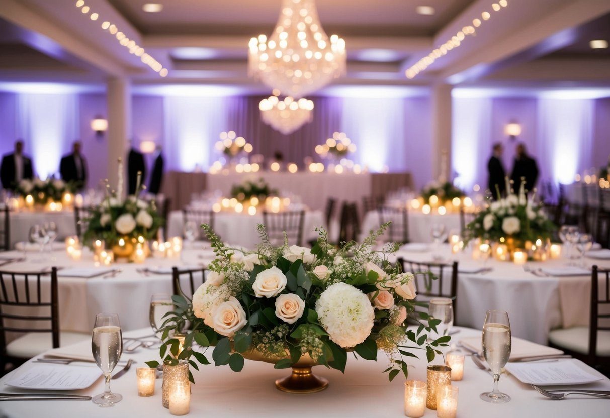 A beautifully decorated top table at a wedding reception, adorned with elegant floral centerpieces and sparkling candlelight