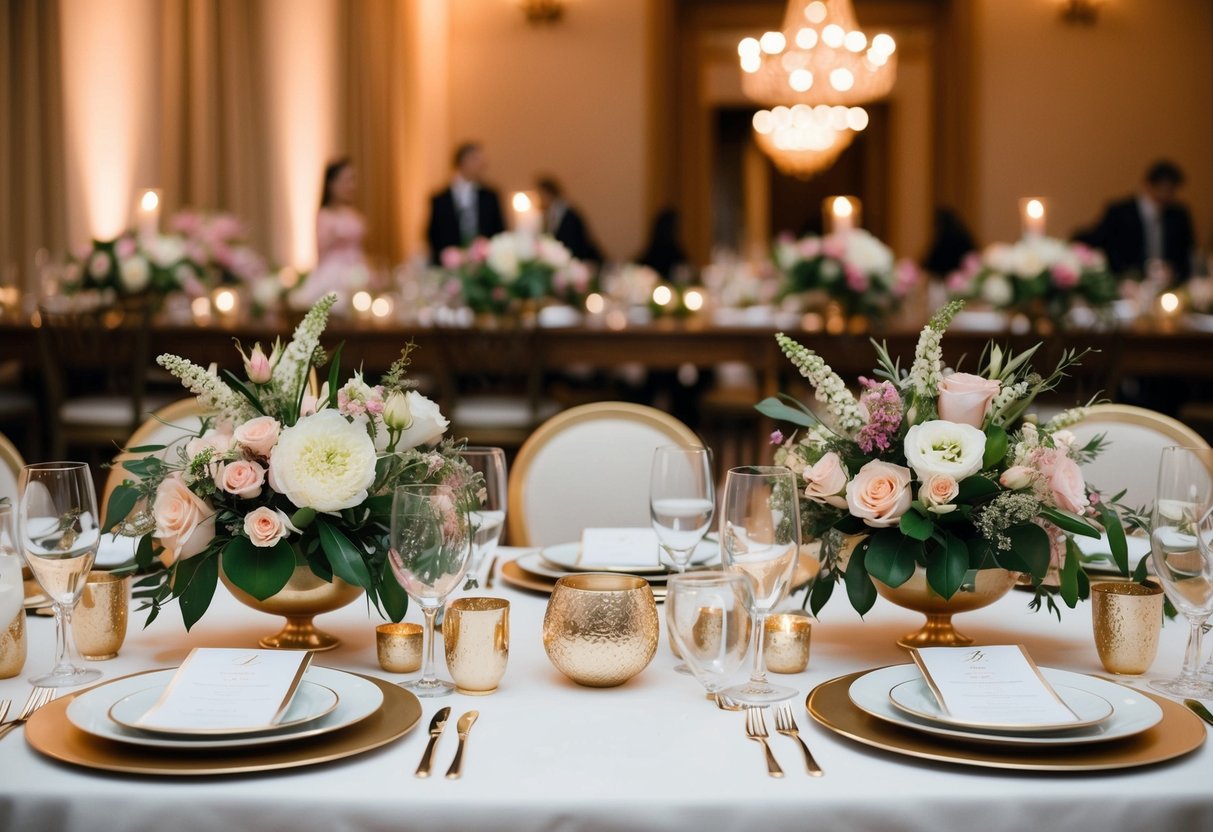 A beautifully decorated top table with floral centerpieces and elegant place settings
