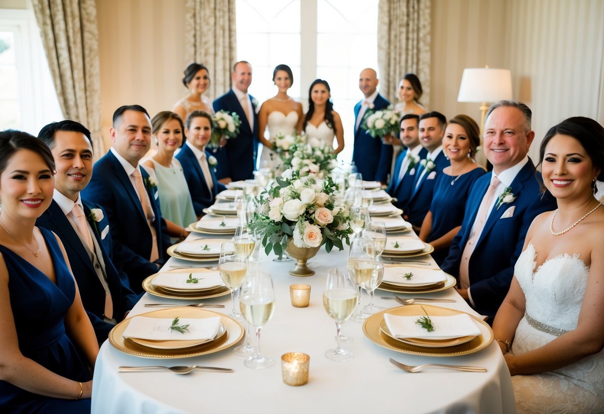 A table set with elegant place settings, surrounded by close family and bridal party members