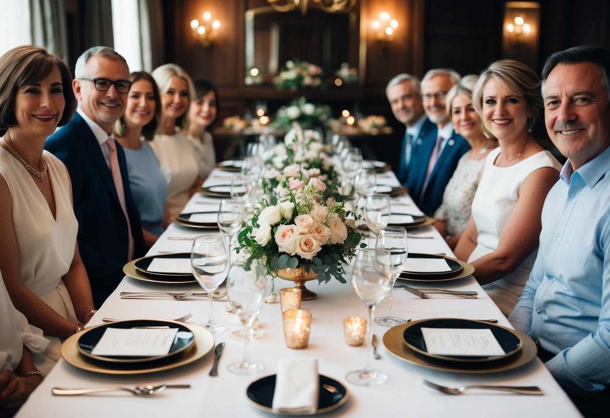 A table set with elegant place settings, surrounded by family members and close friends