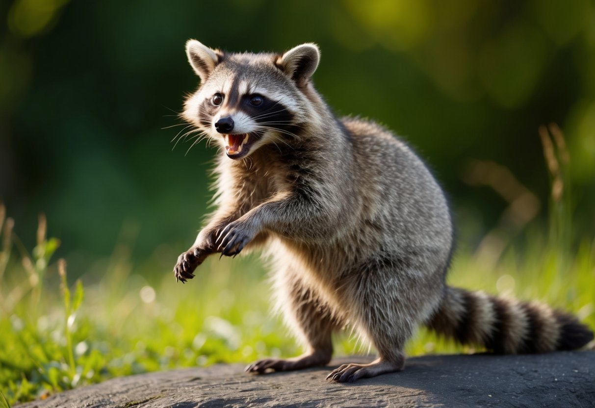 A raccoon hisses and bares its teeth as it stands on its hind legs, ready to defend itself if you come too close