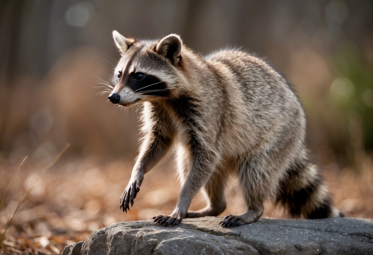 A raccoon stands on its hind legs, its eyes alert and its body tense, as it sniffs the air with its nose twitching