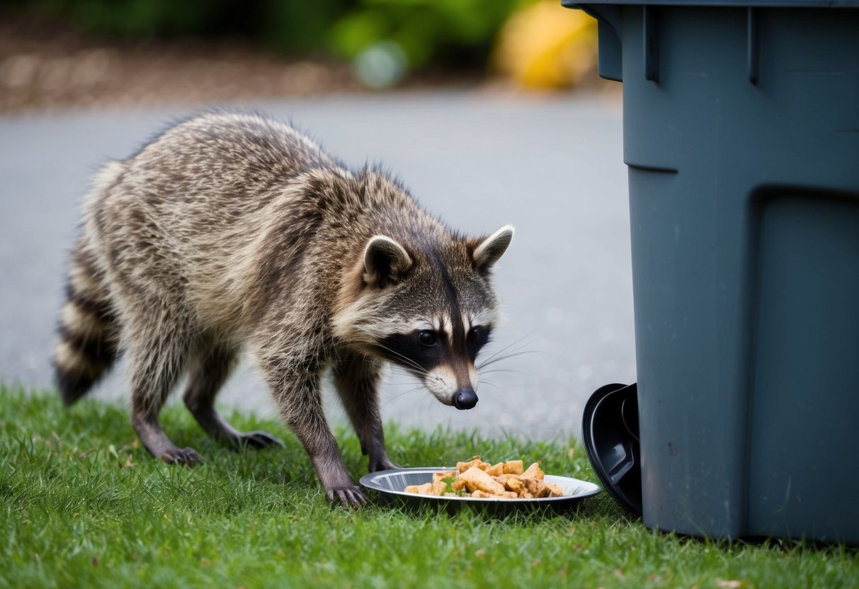 A raccoon approaches a trash can, its fur matted and dull. It sniffs at discarded food, its nose twitching