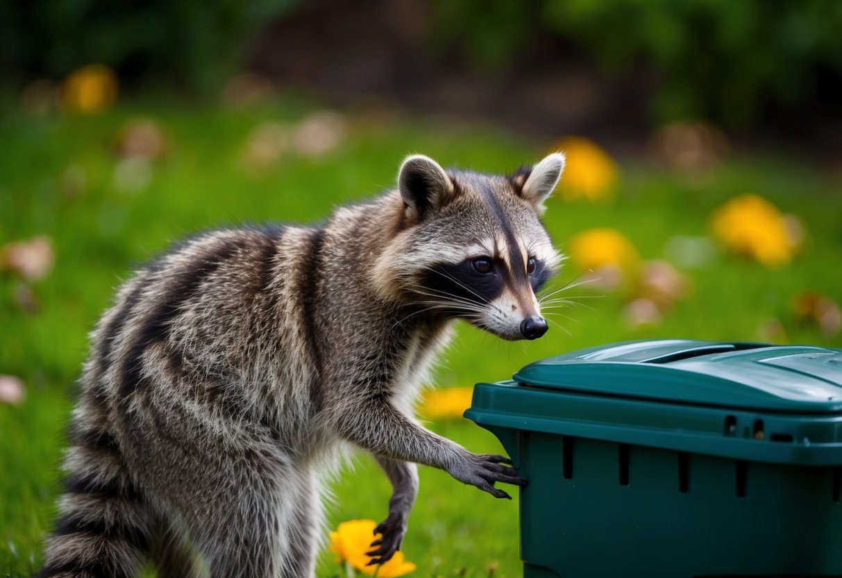 A raccoon cautiously approaches a garbage can, its bandit-like mask and ringed tail clearly visible as it sniffs the air