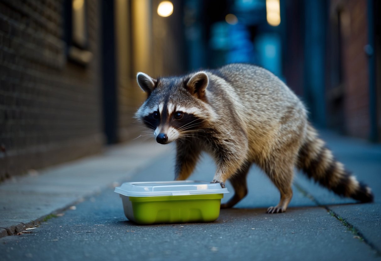 A raccoon cautiously approaches a discarded food container in a dimly lit urban alleyway
