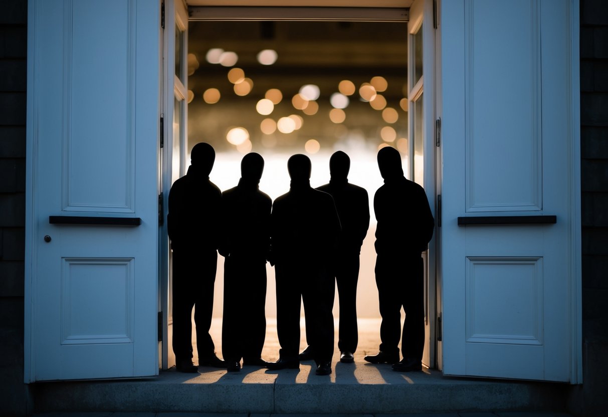 A group of shadowy figures with crossed-out faces standing outside a closed door