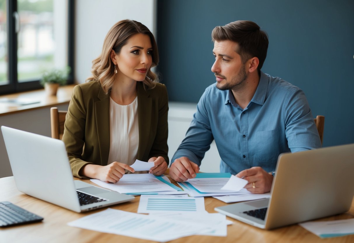 A couple sitting at a table, surrounded by papers and a laptop, discussing their wedding guest list. A look of concern on their faces as they consider financial and logistical implications
