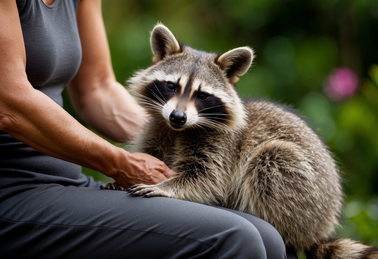 A raccoon sits contentedly, eyes closed, as it leans into gentle strokes from a human-like figure