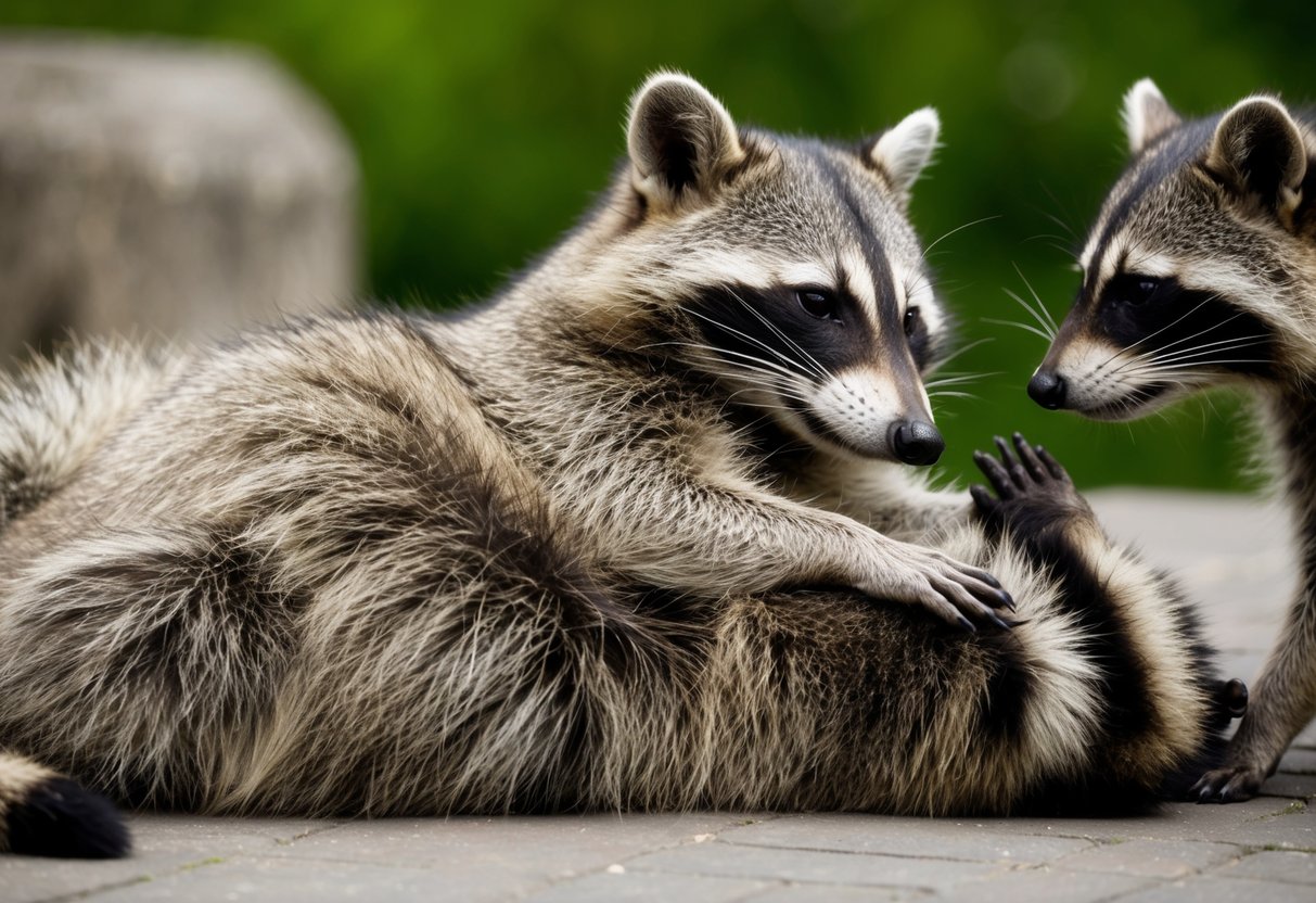 A raccoon reclining on its back, eyes half-closed, as another raccoon gently strokes its fur with a paw