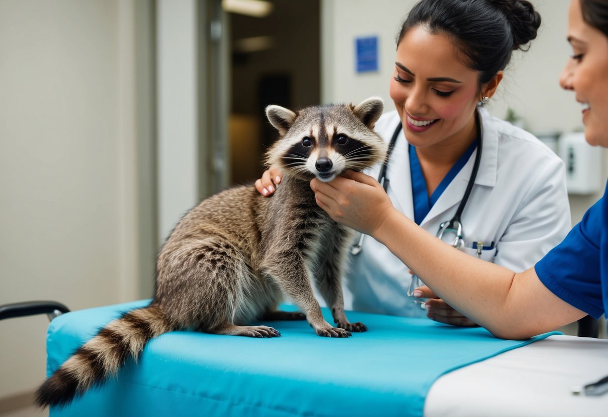 A raccoon sits comfortably on a veterinarian's examination table, enjoying being petted by the caring vet