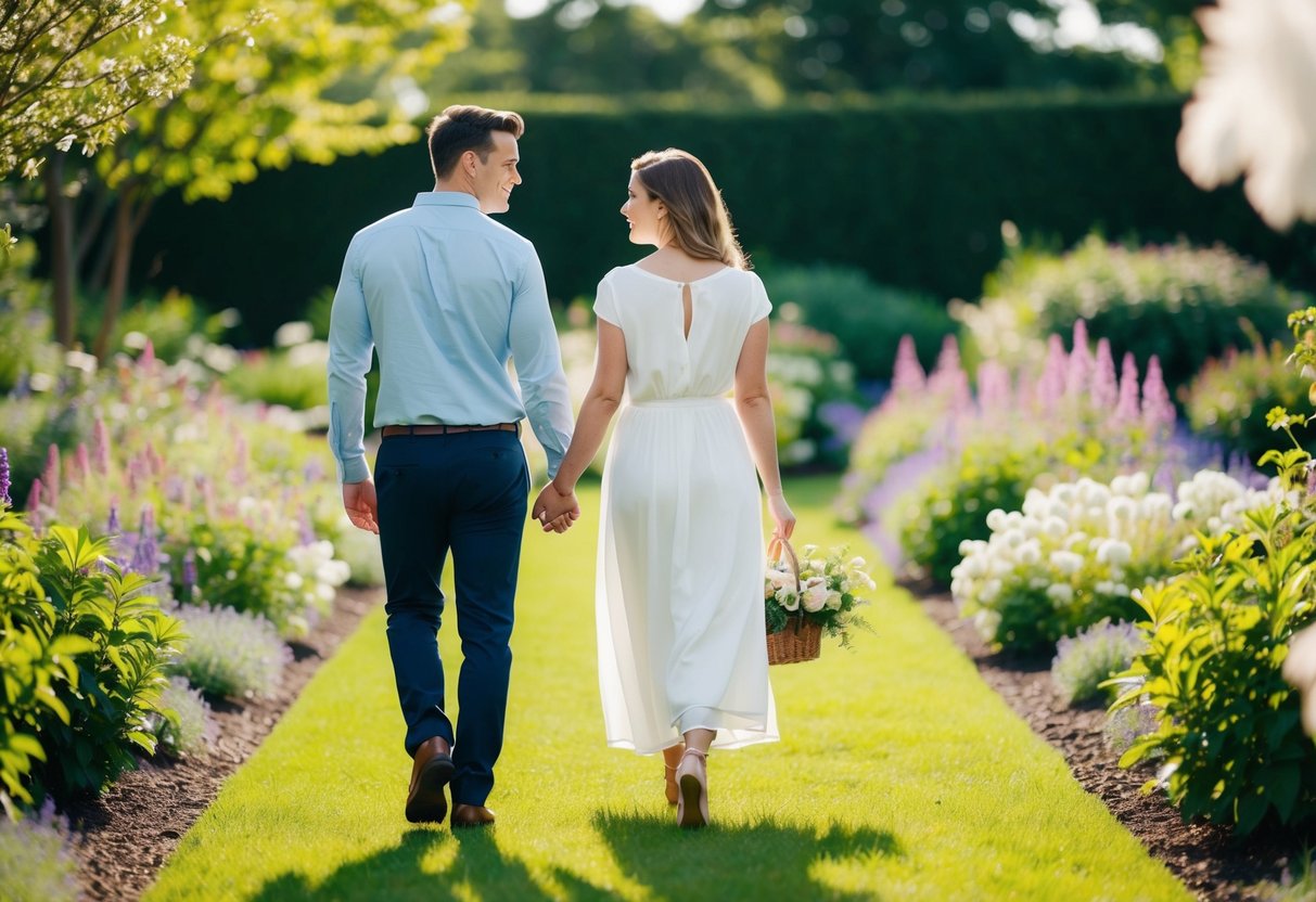 A couple walking hand in hand through a peaceful garden, surrounded by blooming flowers and a serene atmosphere