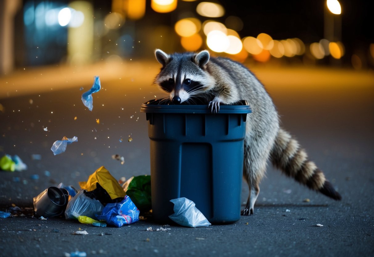 A raccoon rummages through a trash can at night, scattering garbage on the ground