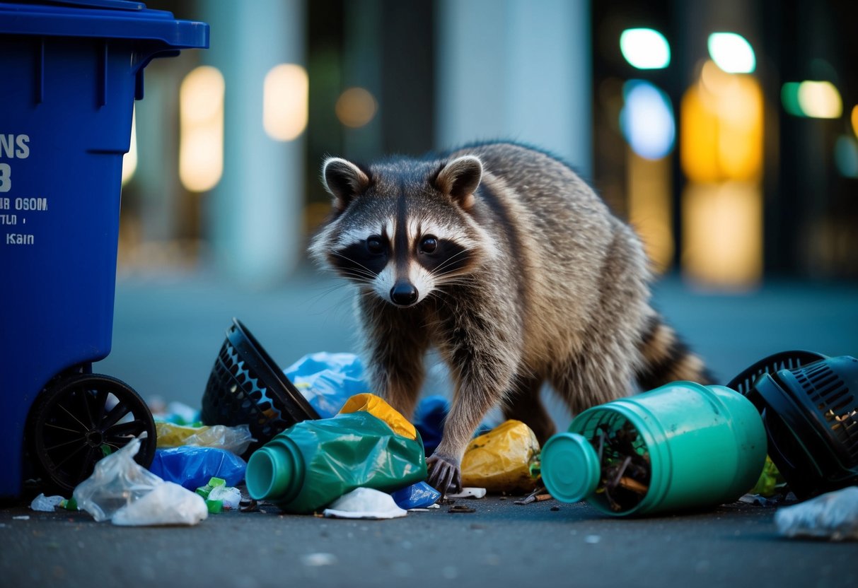A raccoon surrounded by trash bins and urban debris, scavenging for food at night