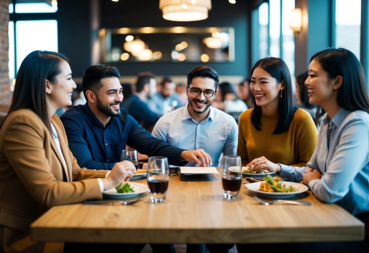 A group of people sitting around a table in a restaurant, with one person reaching for the bill while others chat and laugh