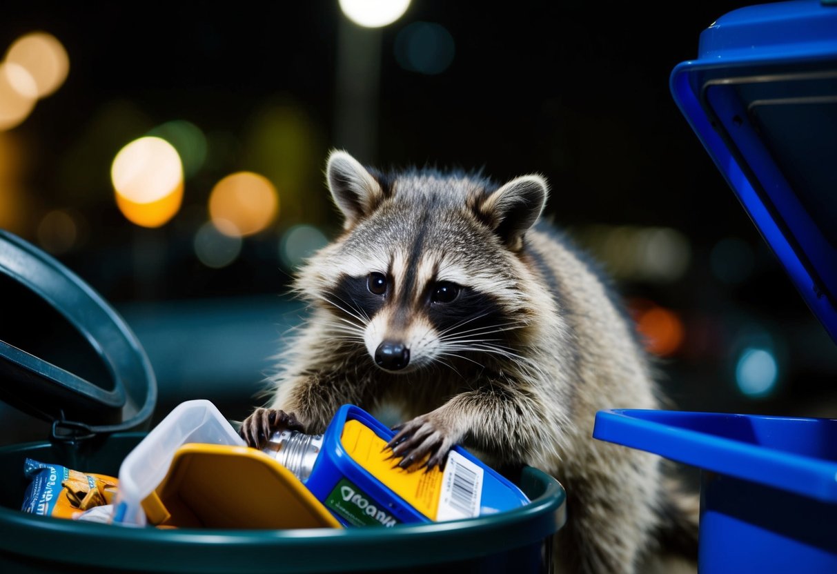 A raccoon scavenging through a trash can at night, using its dexterous paws to search for food amidst discarded items