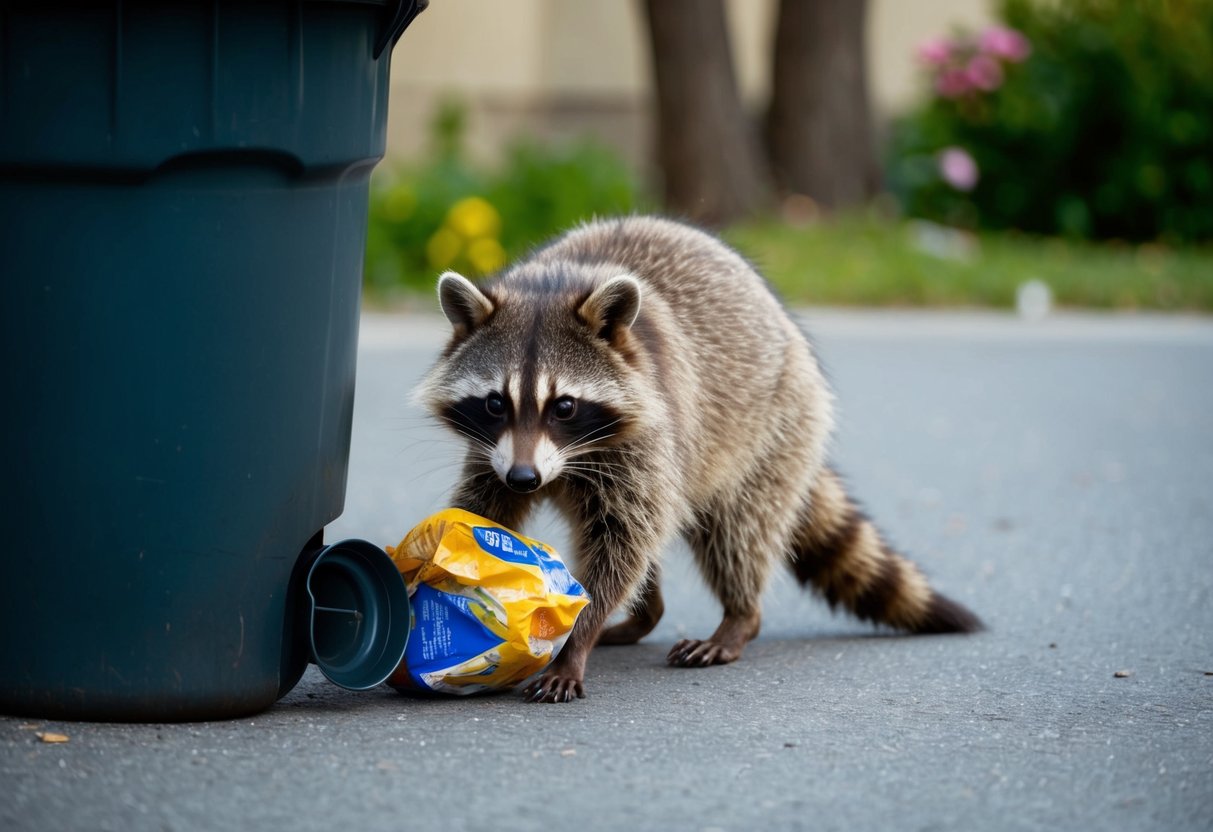 A raccoon rummages through a trash can, searching for food scraps and discarded items