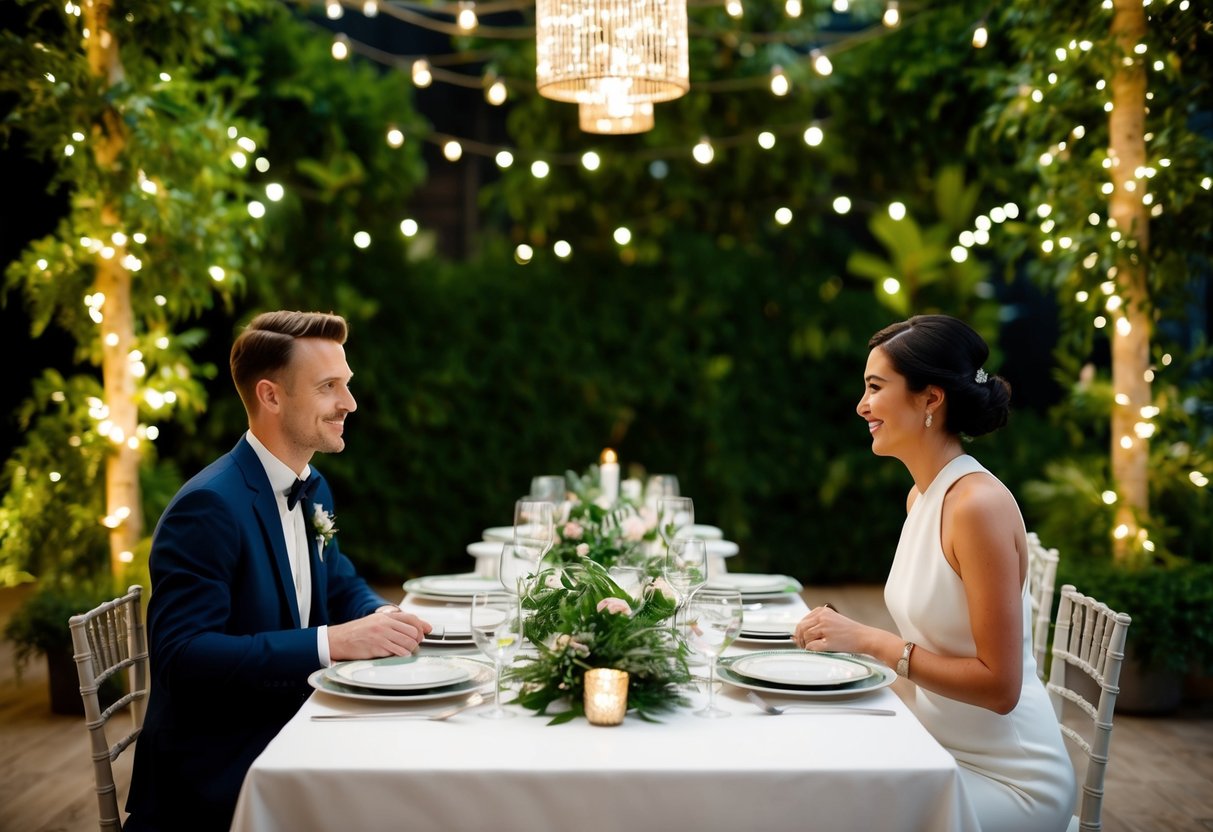 A table set with elegant dinnerware, surrounded by twinkling lights and lush greenery. Two figures sit on opposite sides, engaged in conversation