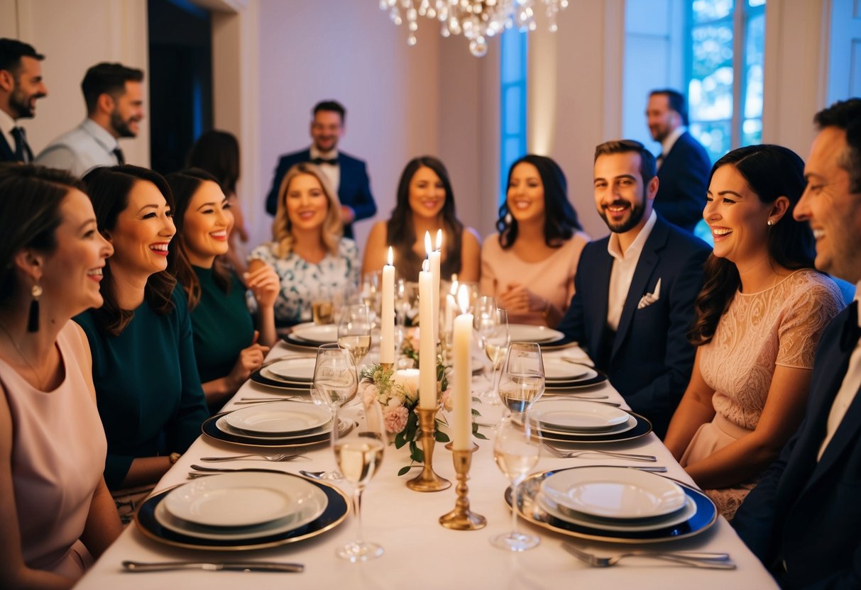 A table set with elegant dinnerware and candles, surrounded by happy guests chatting and laughing, with a sense of celebration in the air