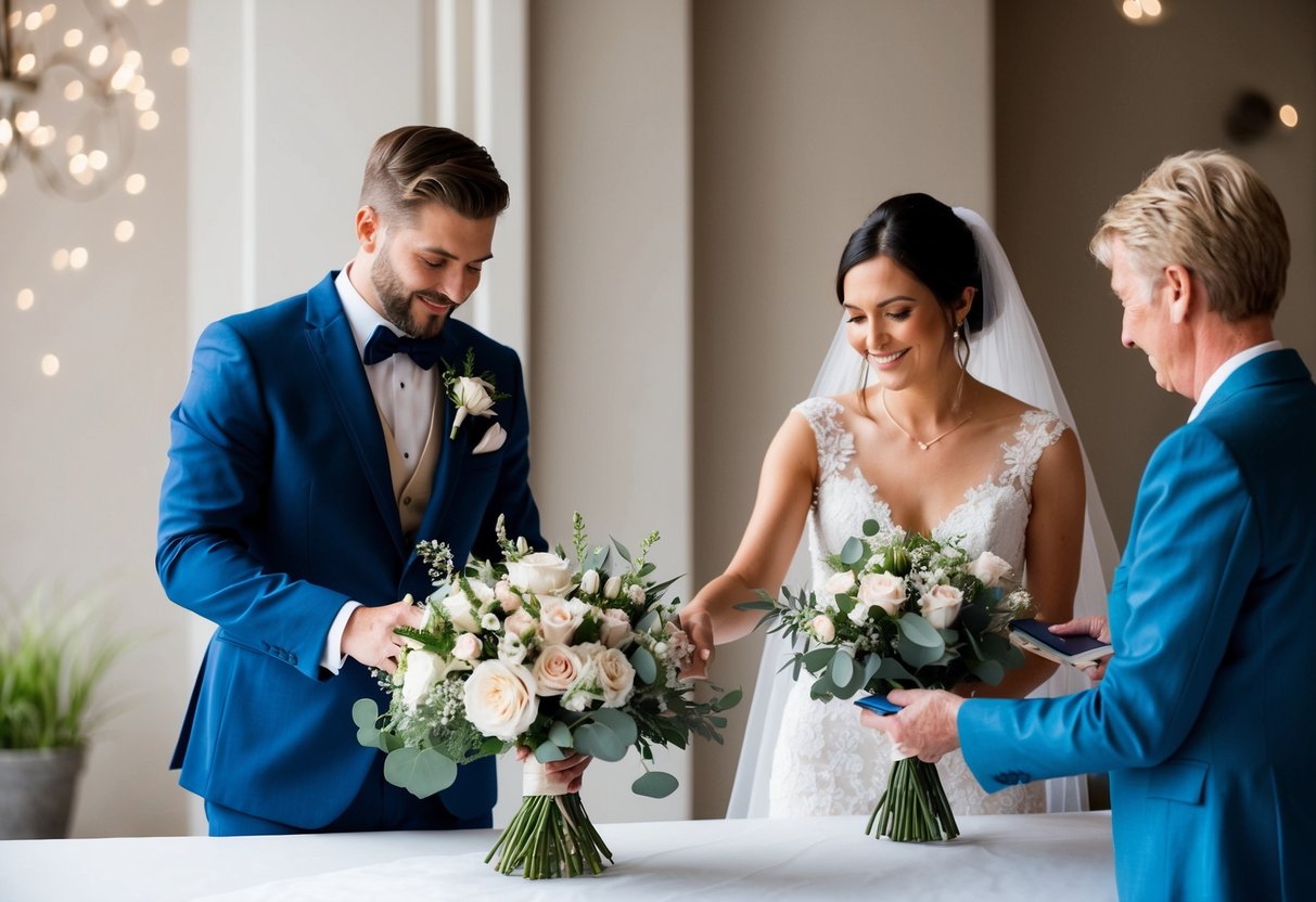 A groom places a bouquet of flowers on a table, while a bride reaches for her own arrangement. A wedding guest hands a florist payment