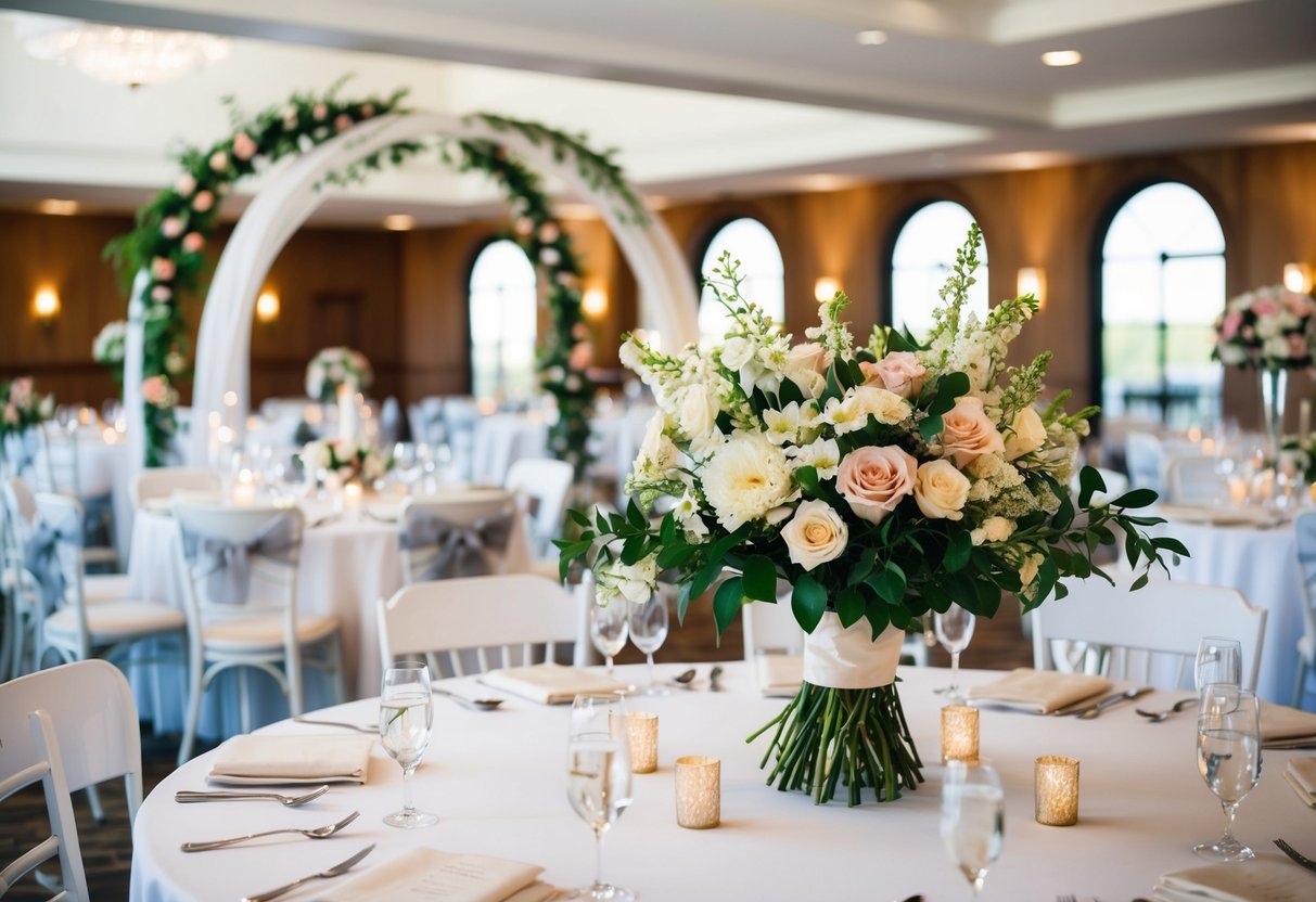 Flowers arranged on tables, in bouquets, and on arches at a wedding venue