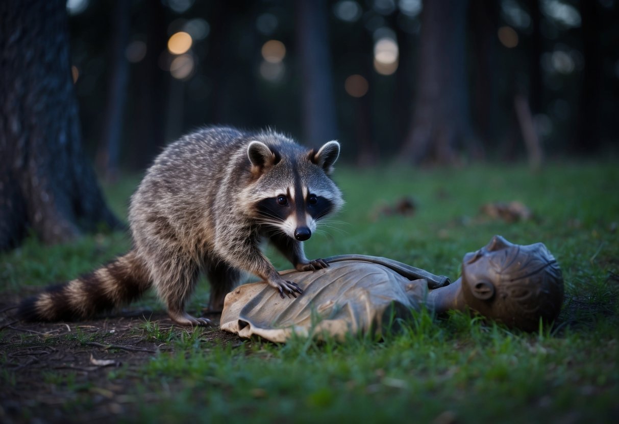 A raccoon scavenges a lifeless figure in a wooded area at dusk
