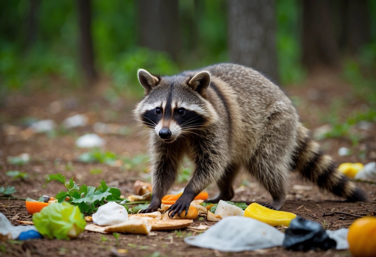 A raccoon scavenging through a forest clearing, surrounded by various food scraps and refuse