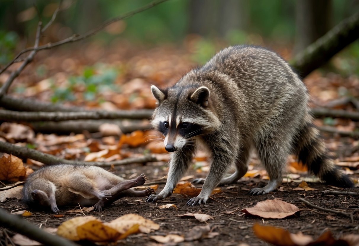 A raccoon scavenging for food in a forest clearing, surrounded by fallen leaves and branches, with a small animal carcass nearby