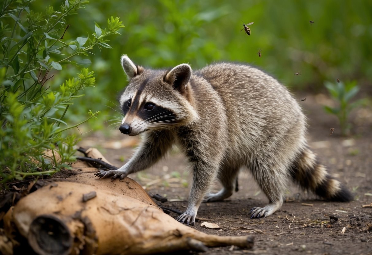 A raccoon stands near a decaying animal carcass, sniffing the air with curiosity. Surrounding vegetation and insects suggest a natural, outdoor setting