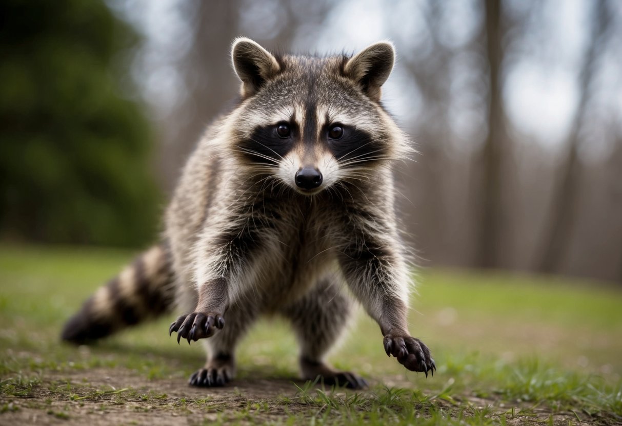 A raccoon approaches, standing on its hind legs, eyes fixed on the viewer. Its fur is dark and fluffy, and its paws are outstretched