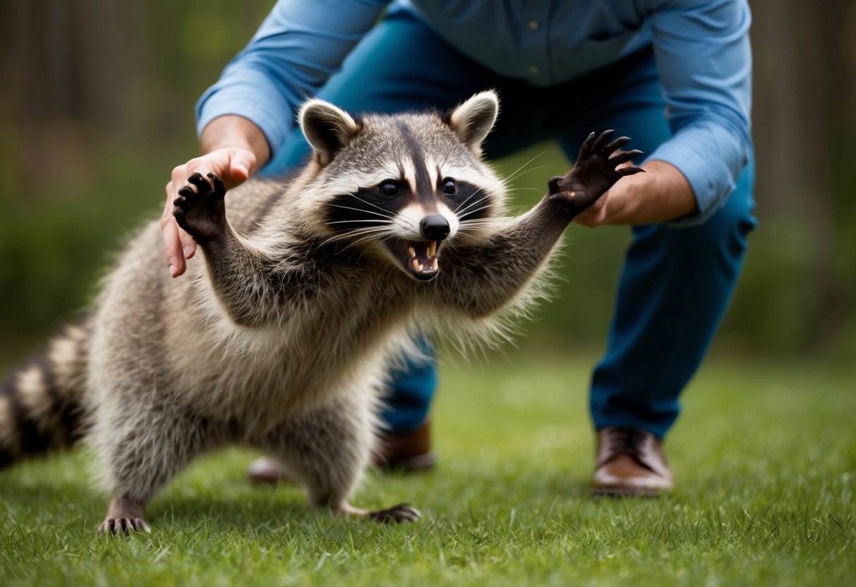 A raccoon lunges forward, teeth bared, as a person raises their arms in defense