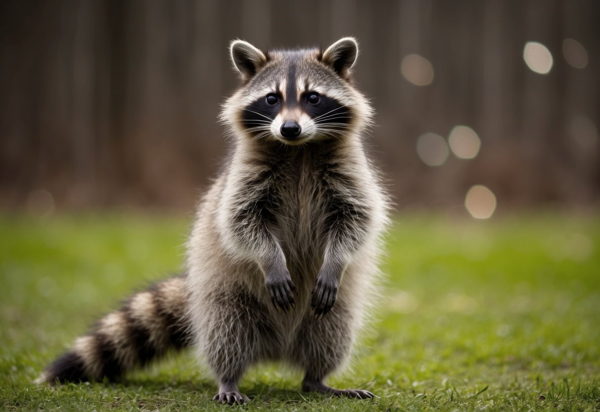 A raccoon stands on its hind legs, its fur puffed up and its eyes fixed on something in the distance