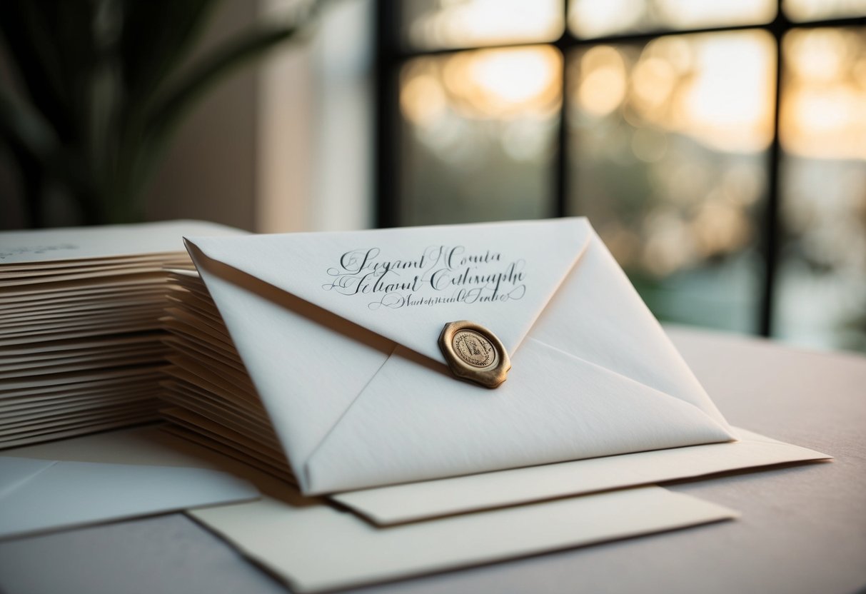 A stack of elegant envelopes arranged on a table, with a decorative seal and delicate calligraphy