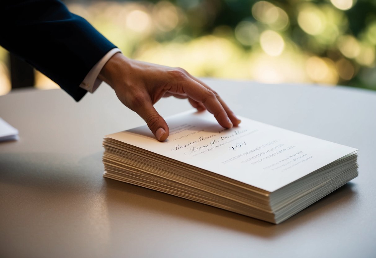 A hand reaching for a stack of wedding invitations on a table