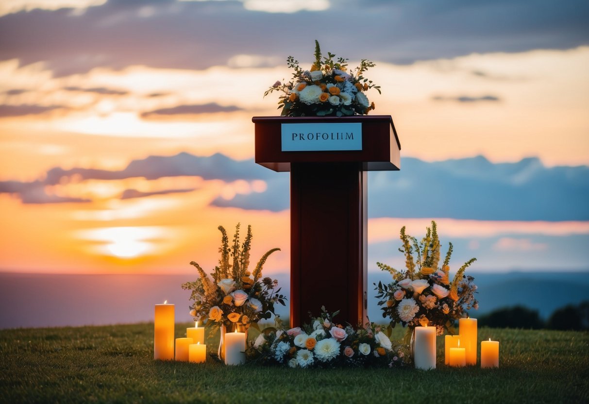 A podium surrounded by flowers and candles, set against a backdrop of a picturesque sunset