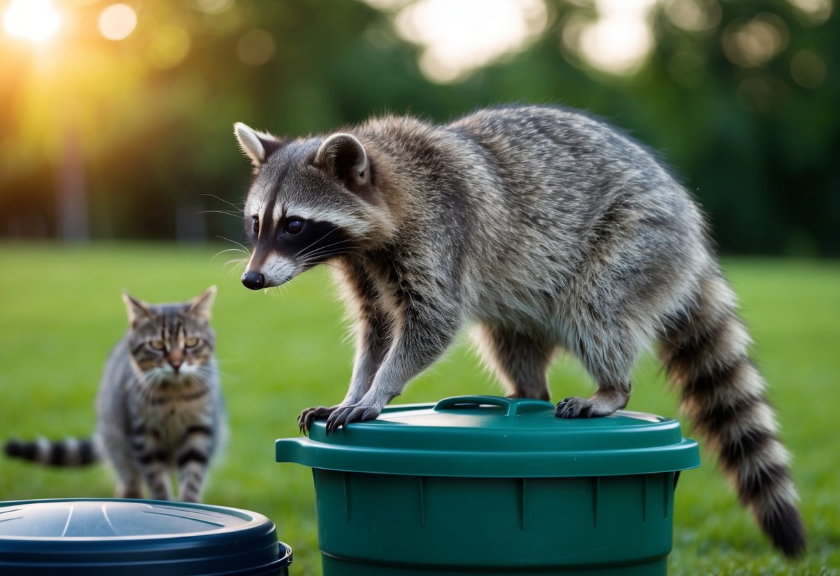 A raccoon stands near a trash can, eyeing a cat cautiously from a distance