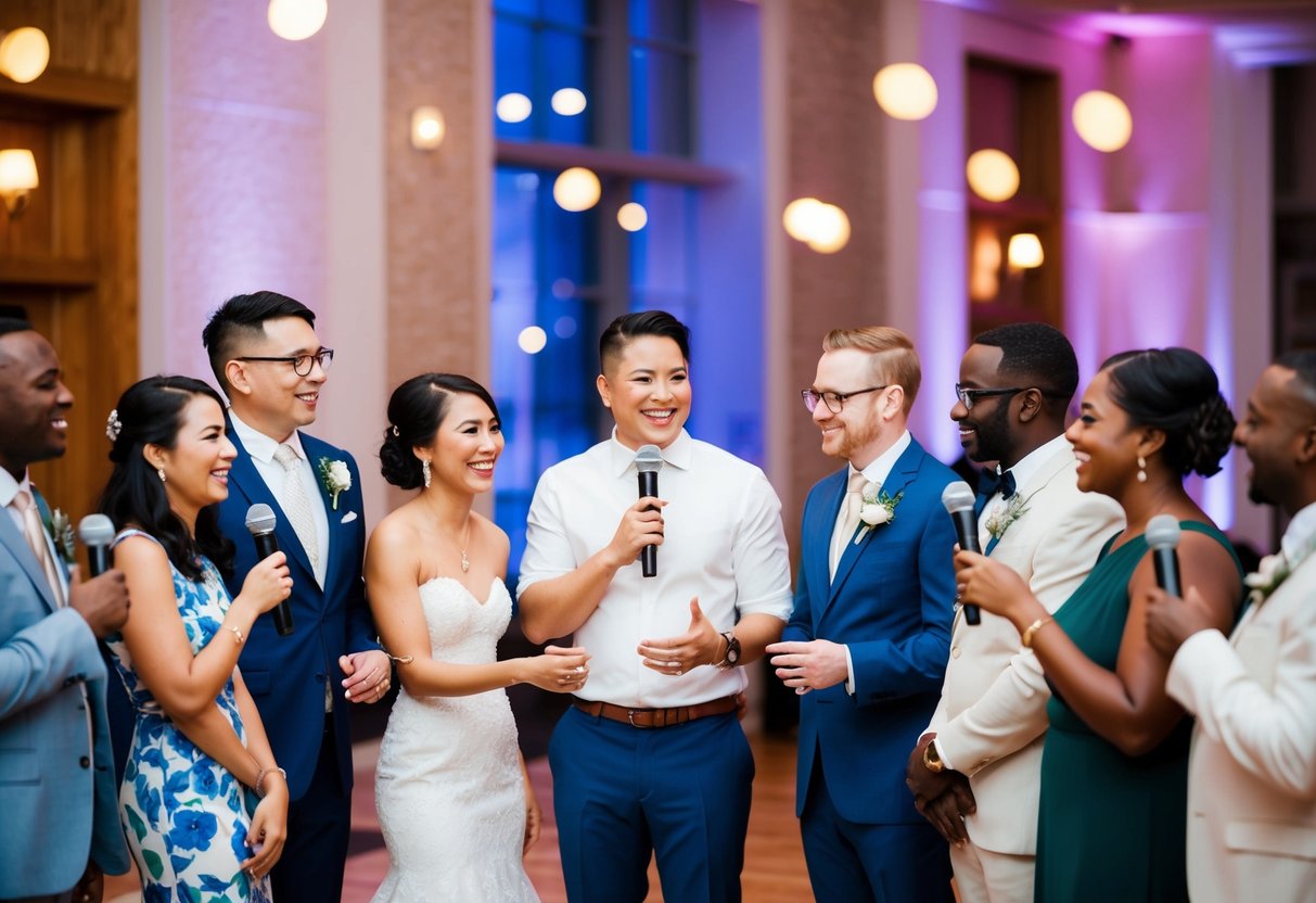 A group of diverse individuals stand in a circle, taking turns speaking into a microphone at a wedding reception. The atmosphere is joyful and celebratory