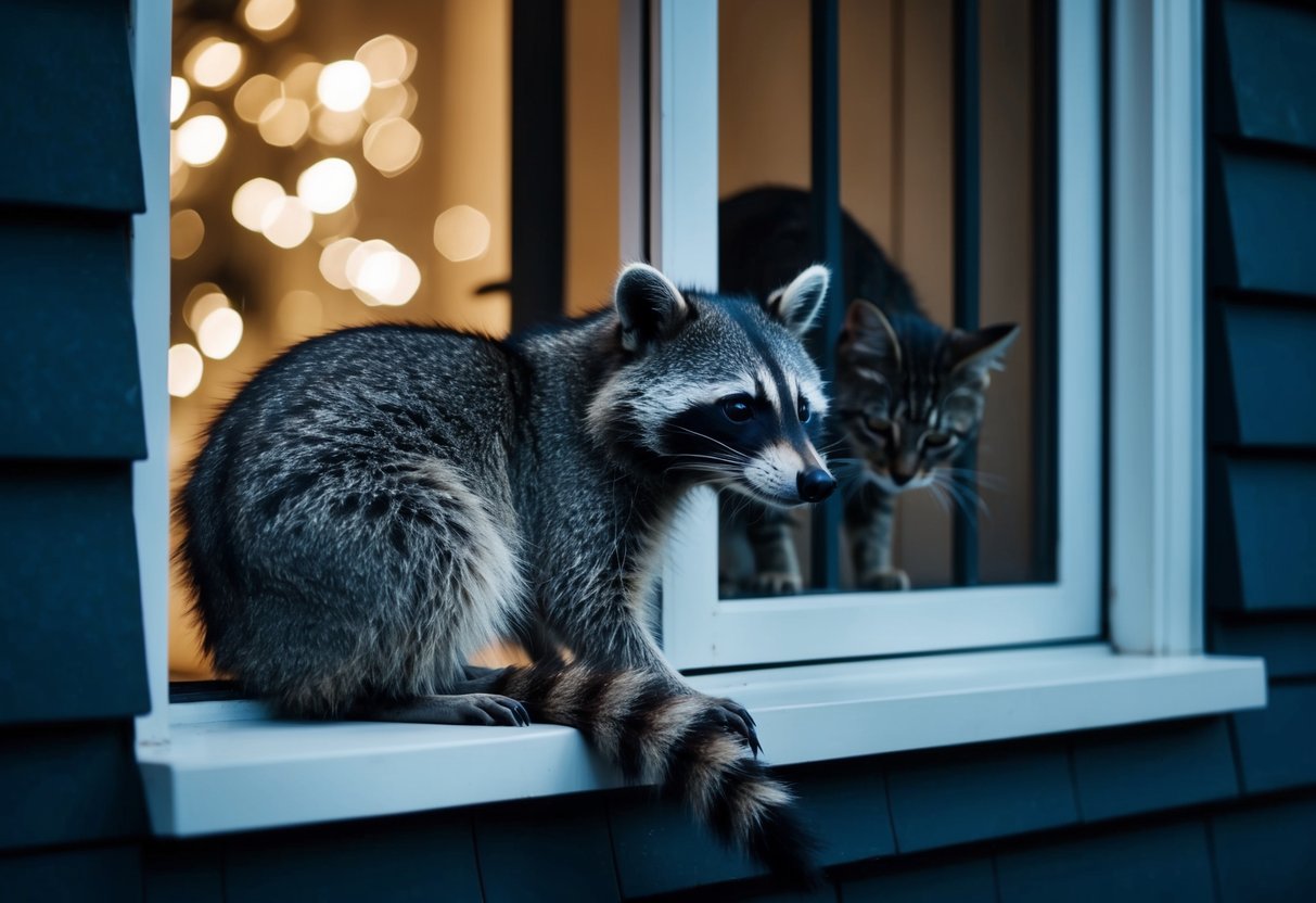 A raccoon sits outside a house at night, peering into a window where a cat is eating