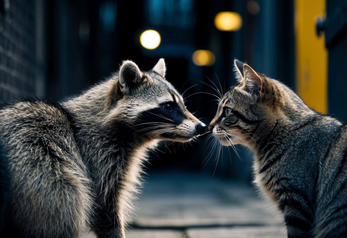 A raccoon and a cat face off in a dimly lit alleyway, their eyes locked in a tense stare