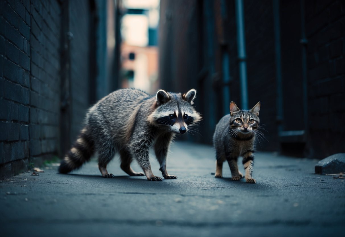 A raccoon with a menacing glare approaches a frightened cat in a dark alleyway
