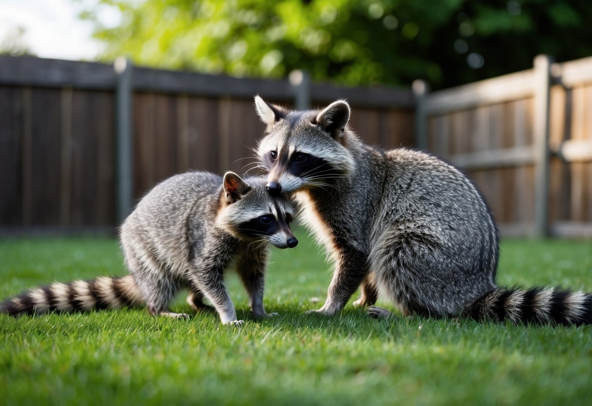 A raccoon and a cat peacefully sharing a backyard, with a fence and trees in the background