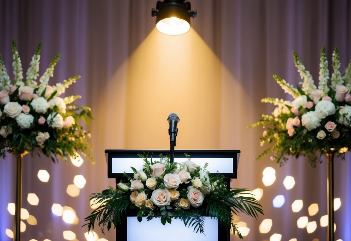 A spotlight shining on a podium with a microphone, surrounded by elegant floral arrangements and twinkling lights