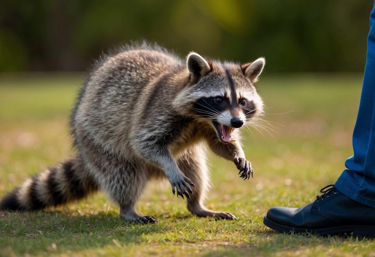 A rabid raccoon snarls and lunges aggressively at a person's leg